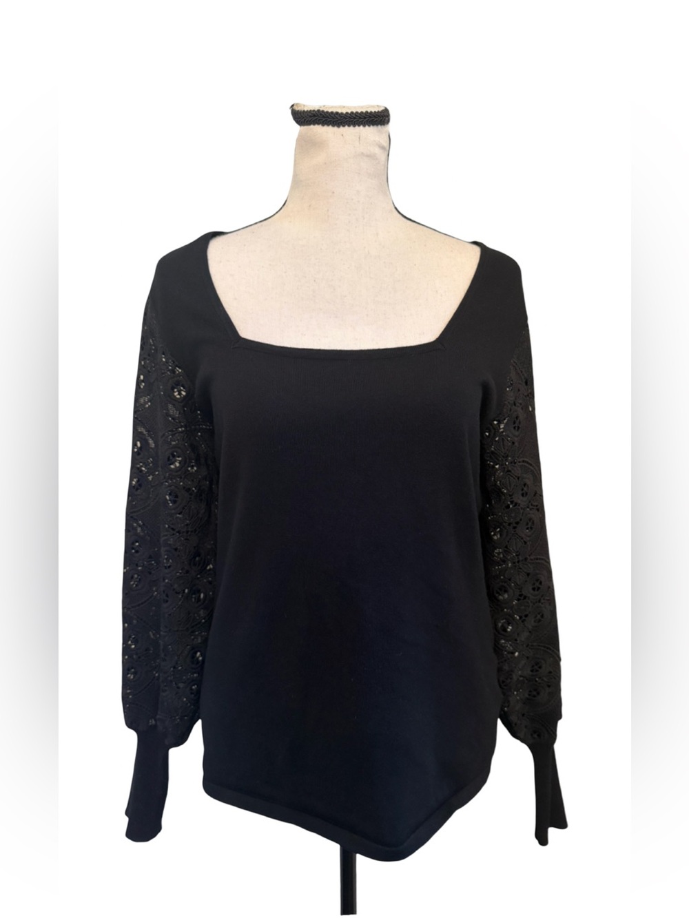 Halston Black Lace Sleeve Top Square Neck Long Sleeve Blouse Size M